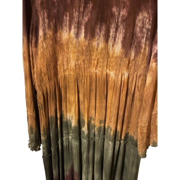FRAZZLE Maxi Dress Tie Dye Mustard Green Multi Peasant Boho Hippie Womens Size L - Picture 4 of 5
